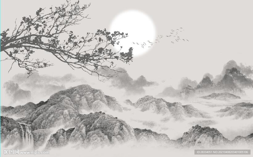 新中式水墨山水风景国画背景墙