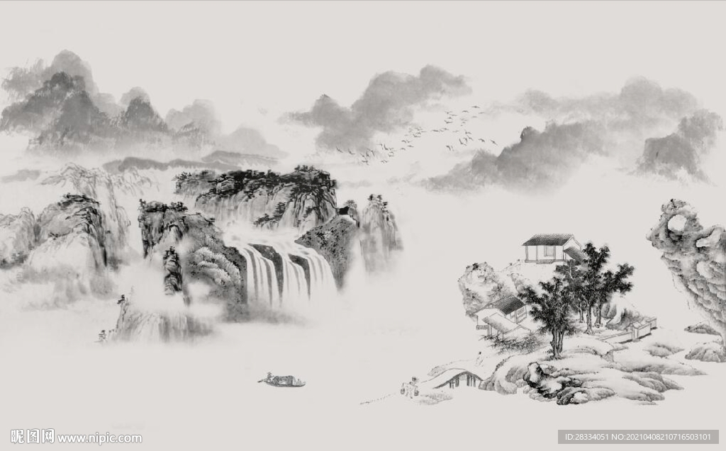 新中式水墨山水风景国画背景墙
