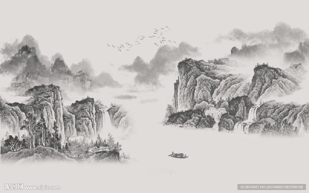 新中式水墨山水风景国画背景墙