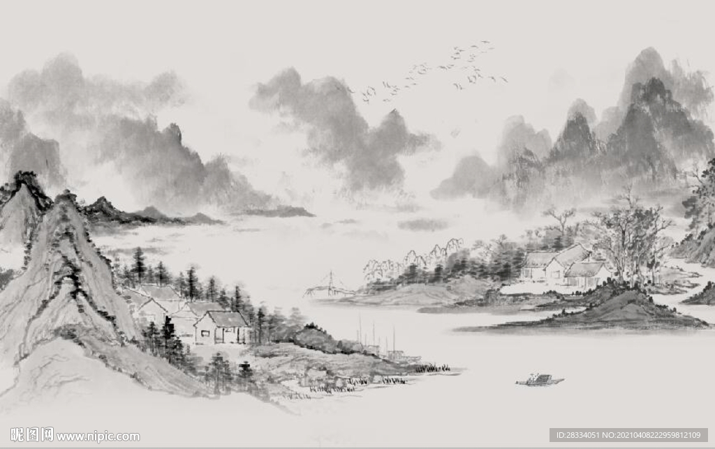 新中式水墨山水风景国画背景墙