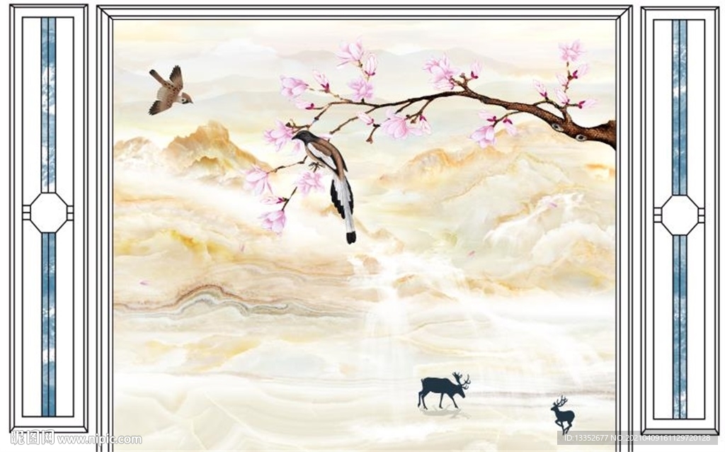 玉兰花鸟石纹护墙板