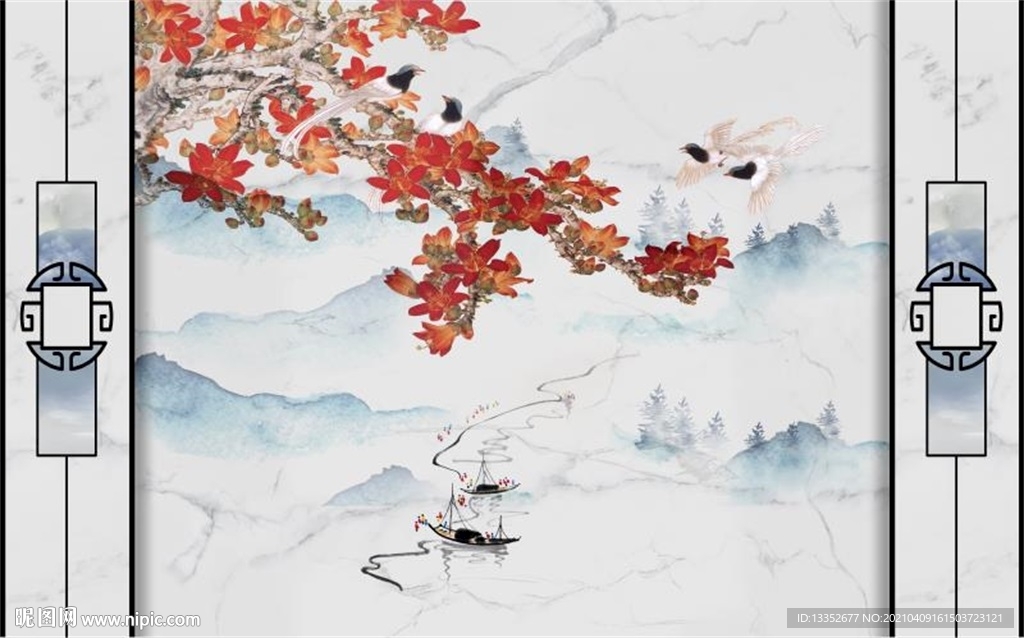 玉兰花鸟山水石纹护墙板