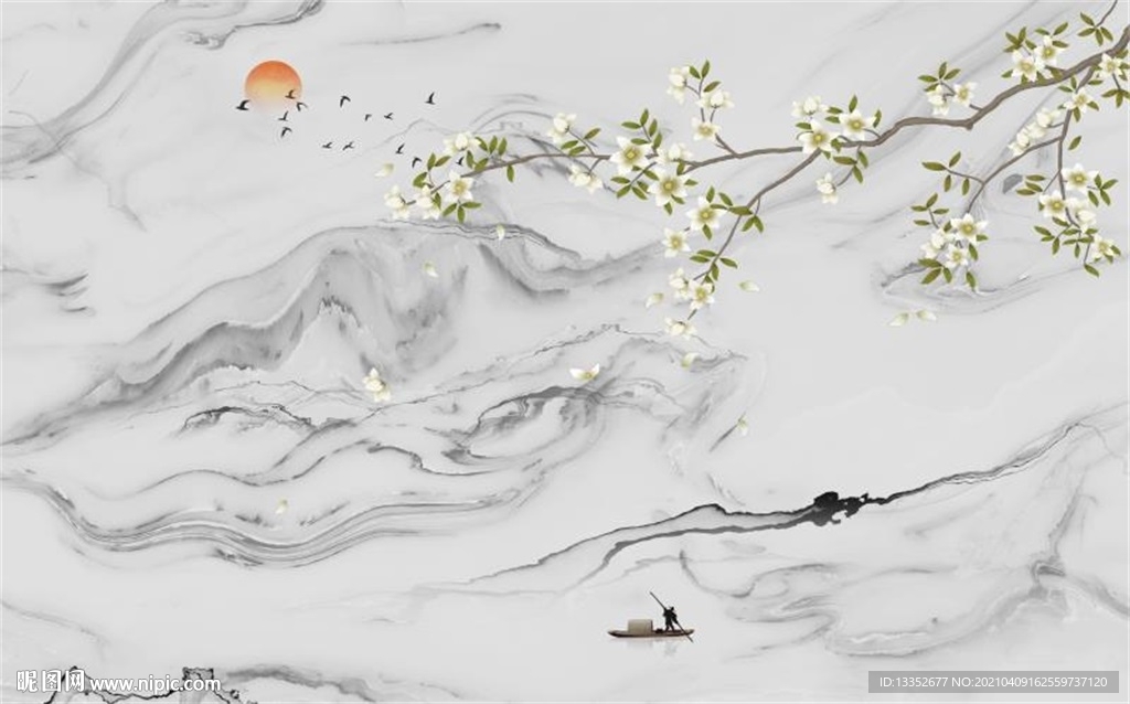 玉兰飞鸟水墨石纹