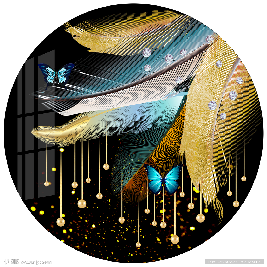 金色轻奢羽毛圆形装饰画