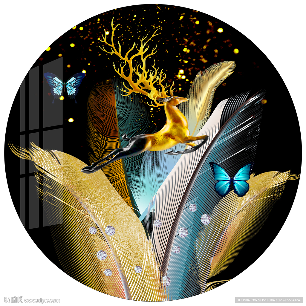 北欧现代麋鹿羽毛轻奢圆形装饰画