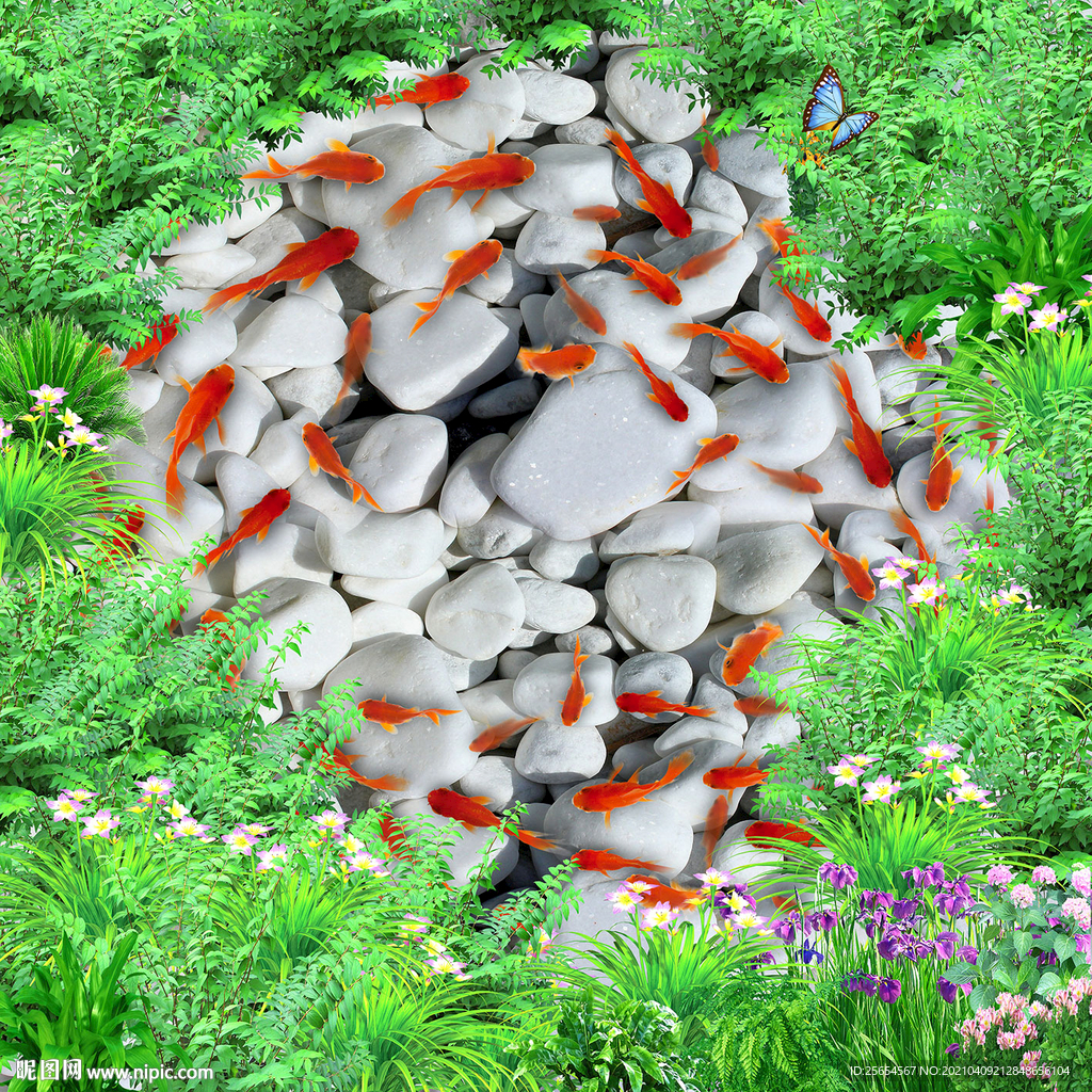 水中锦鲤鹅软石荷花荷叶3D地画