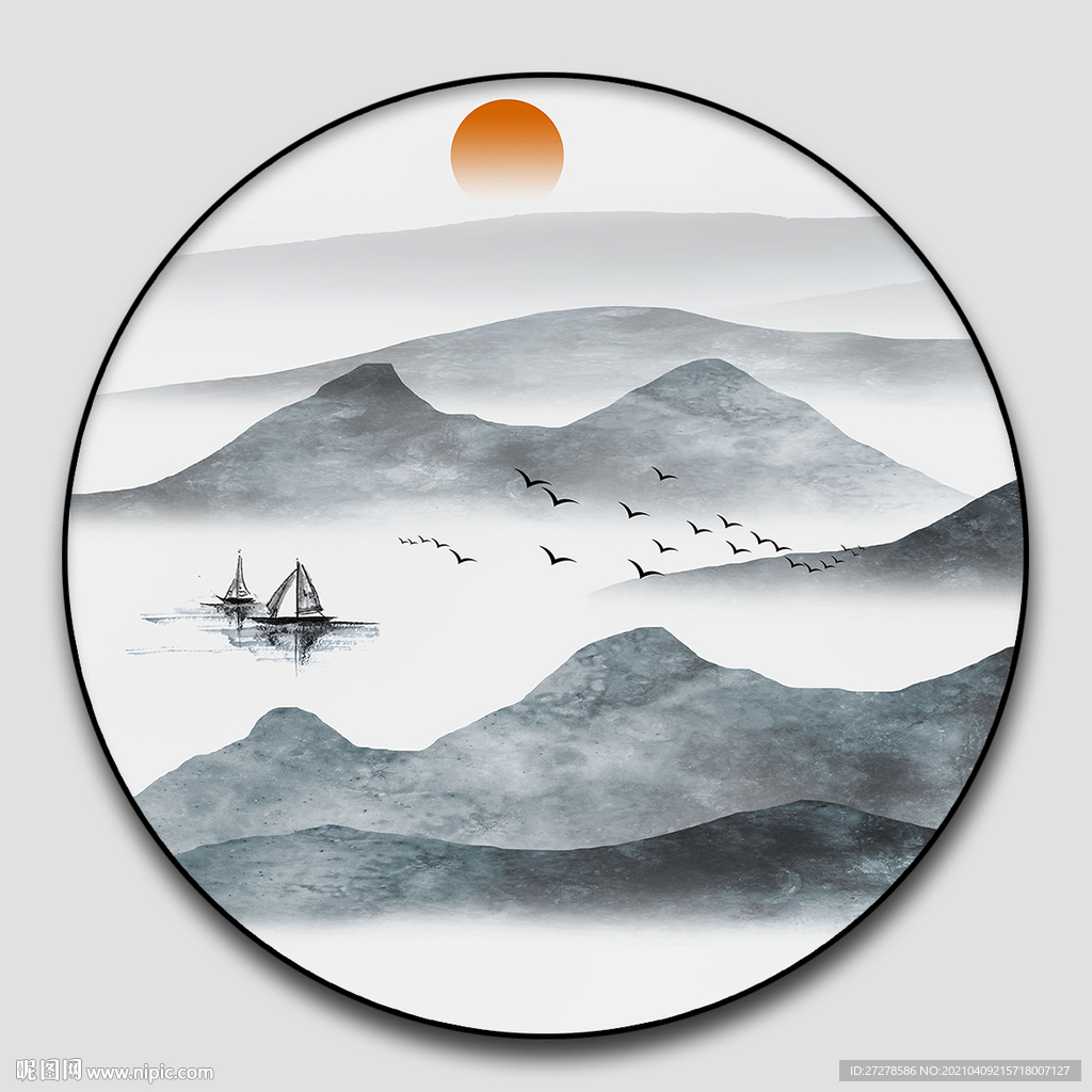 意境山水圆形玄关装饰画