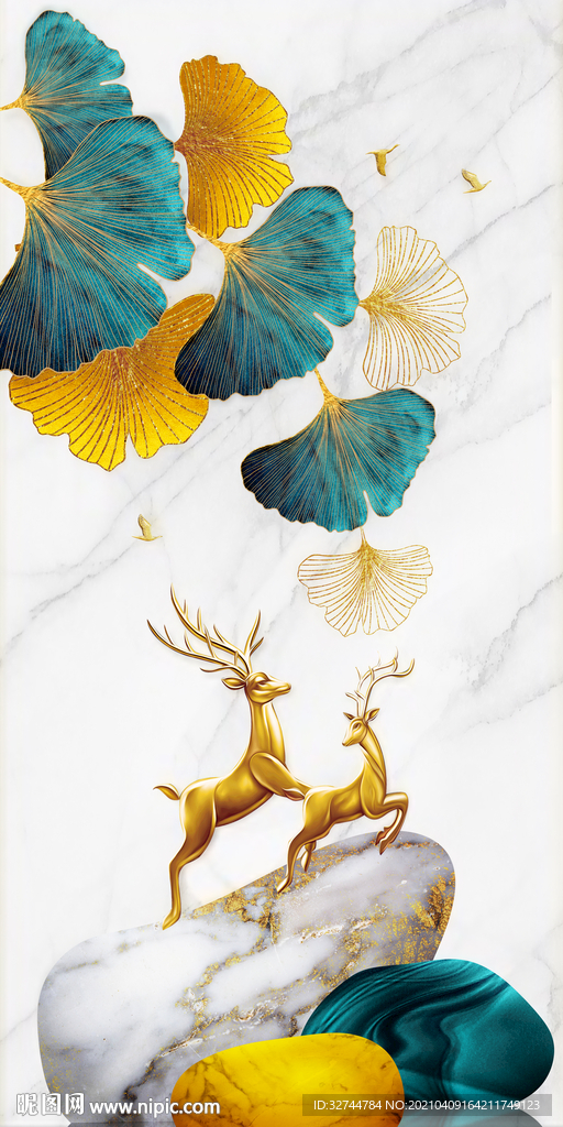 麋鹿银杏叶装饰画