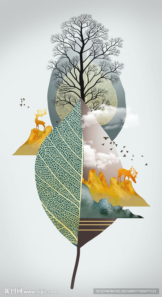 树叶麋鹿装饰画