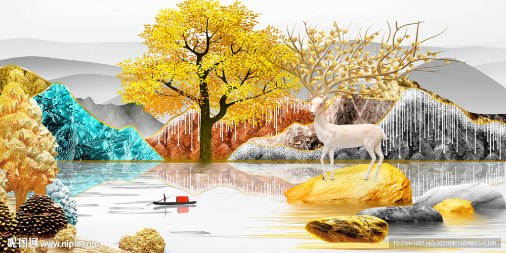 麋鹿立体山水画