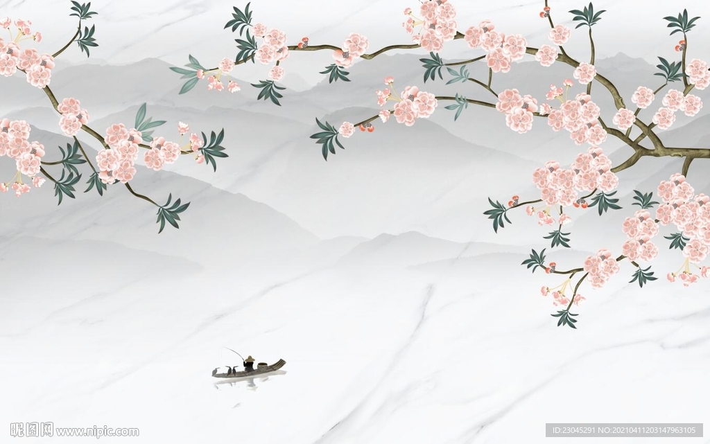 桃花爵士白新中式背景墙