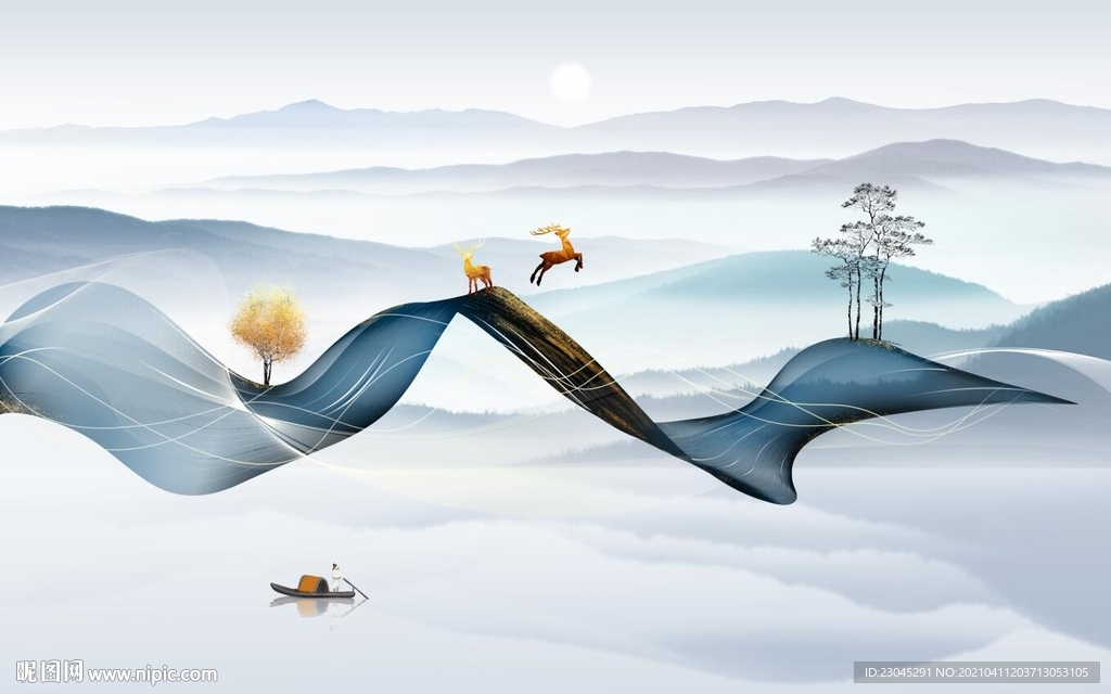 抽象山水曲线新中式轻奢背景墙