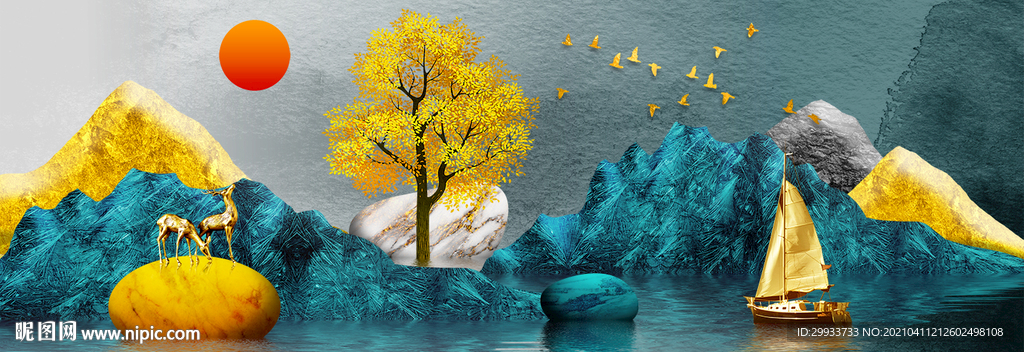 轻奢麋鹿发财树装饰画