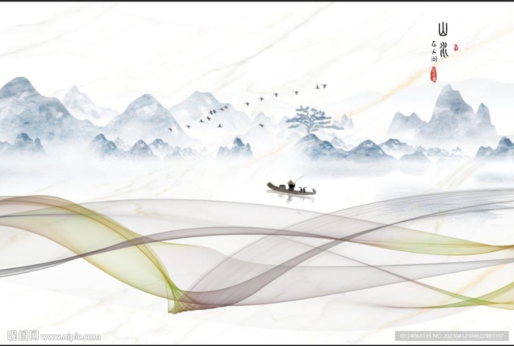 爵士白新中式抽象线条背景墙