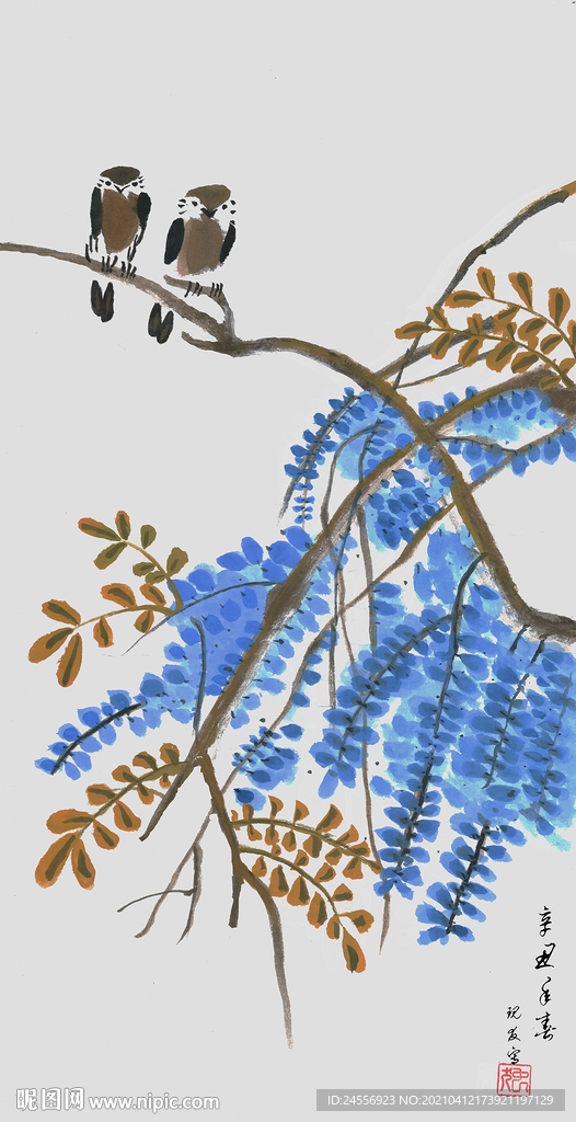紫藤花鸟画国画