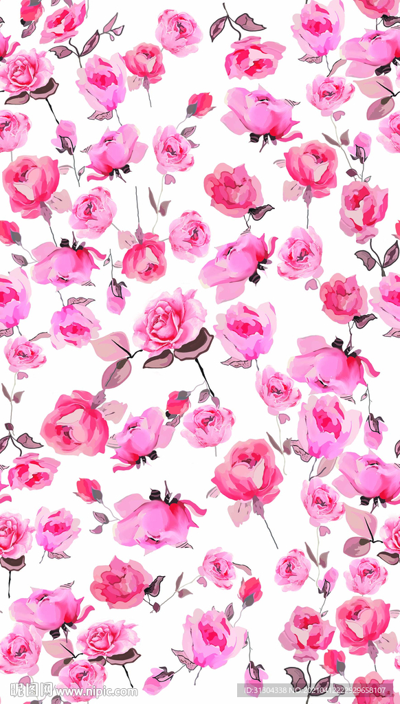 手绘白底粉色玫瑰