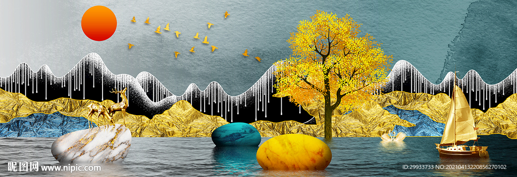 轻奢麋鹿发财树装饰画