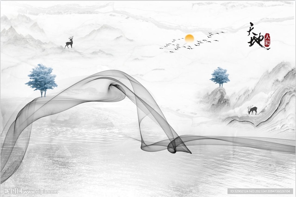新中式抽象线条麋鹿天地人和背景