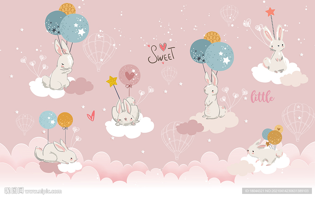 可爱卡通小兔子气球儿童房背景墙