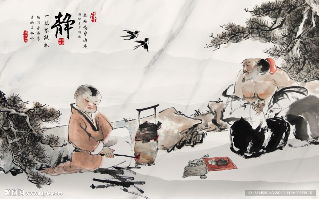 中国话名士童子煮茶新中式背景墙