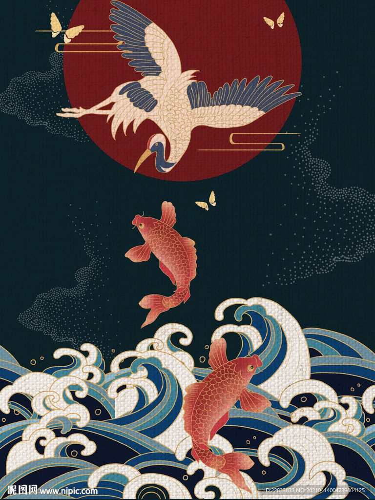 中国风仙鹤鲤鱼插画