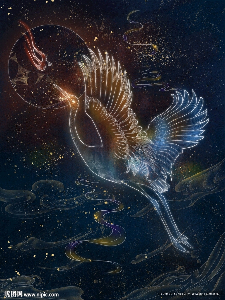 鹤舞九天手绘插画