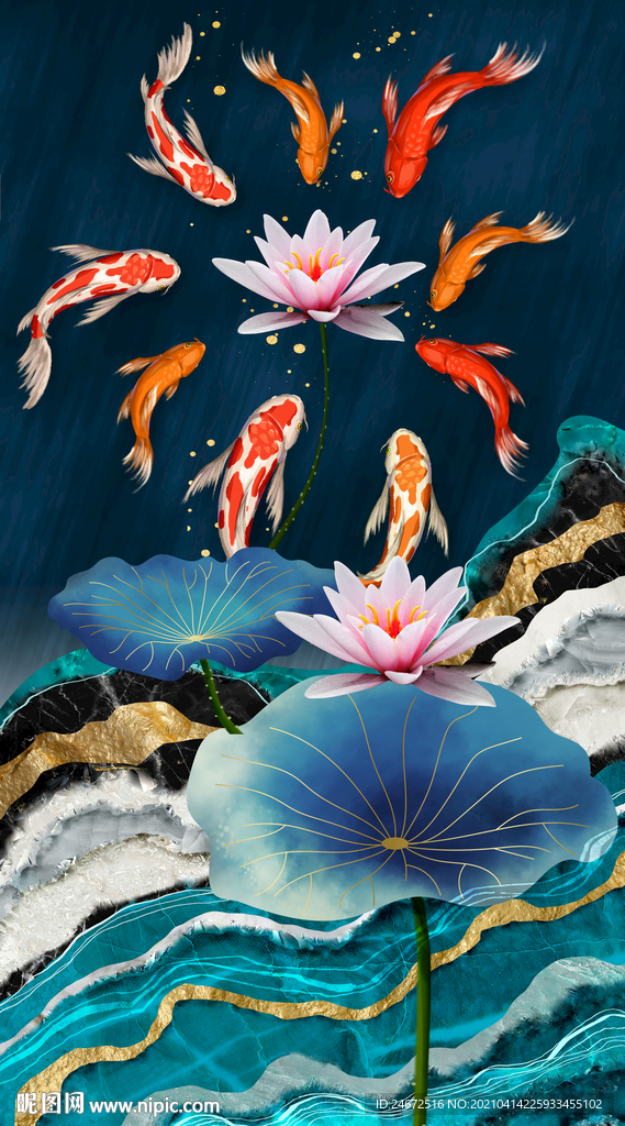 荷花九鱼图玄关画