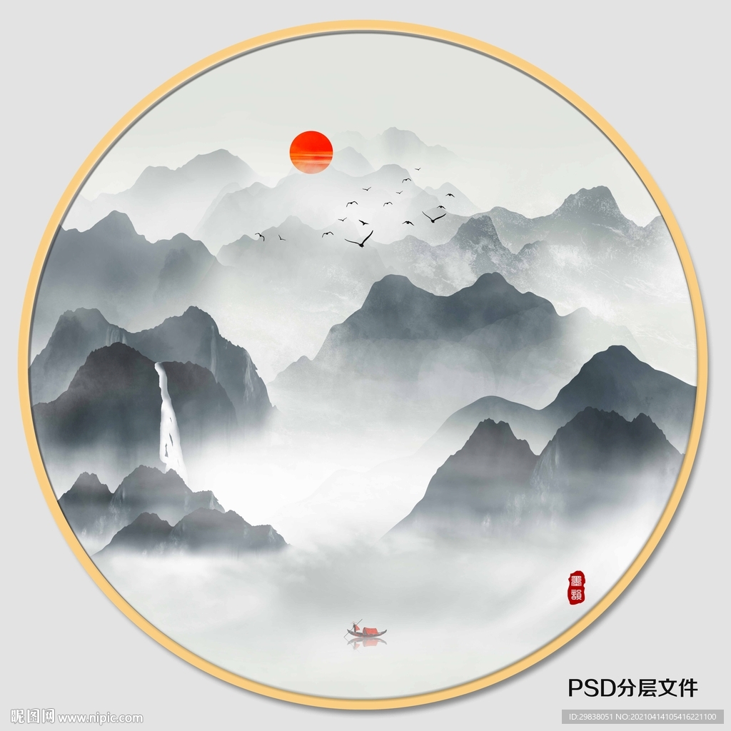 圆形山水画 山水小品