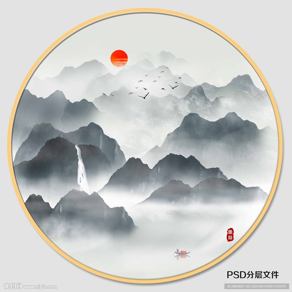 圆形山水画 山水小品