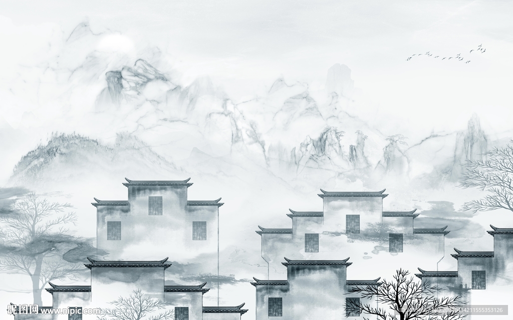 徽派山水背景新画 TIF分层