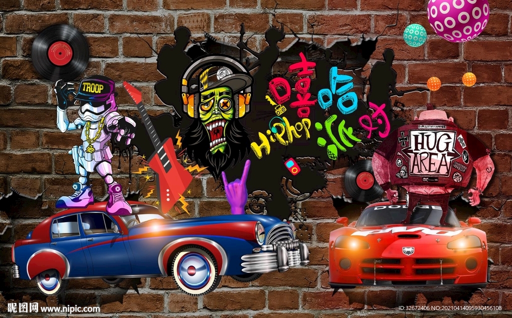 复古音乐汽车背景墙