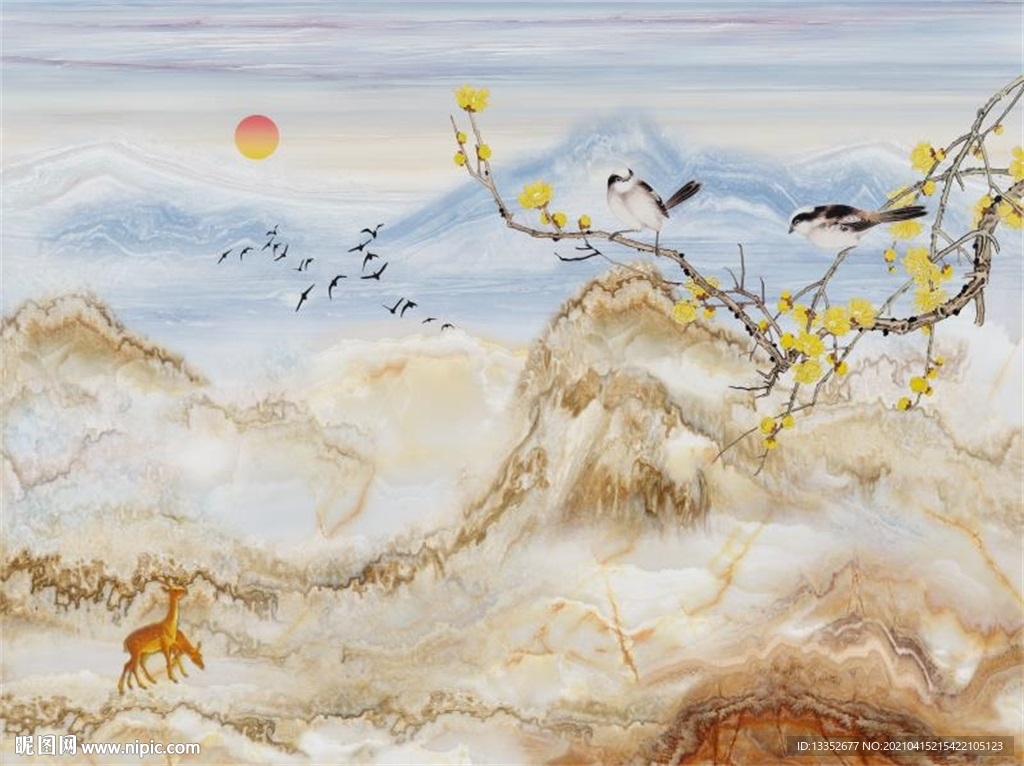 银杏叶花鸟飞鸟石纹麋鹿