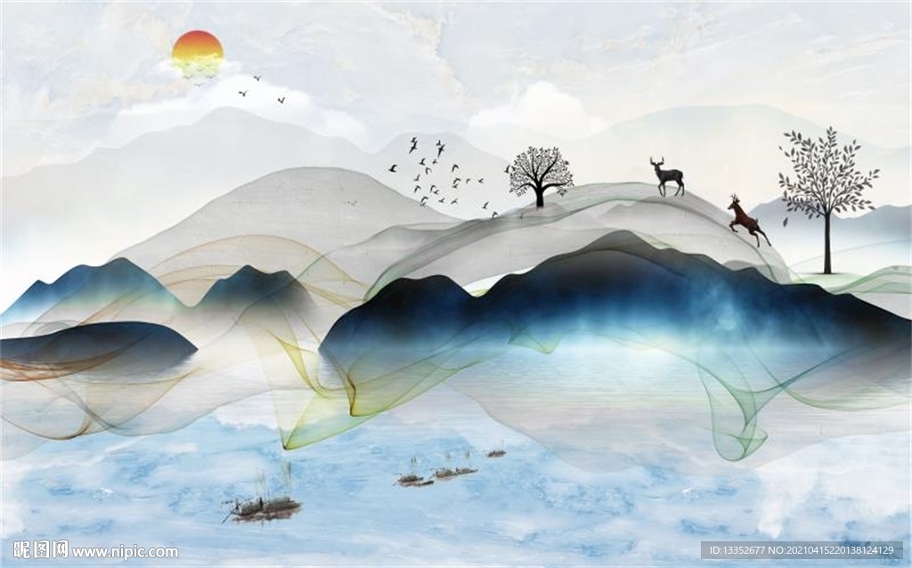 蓝色山水石纹树林麋鹿