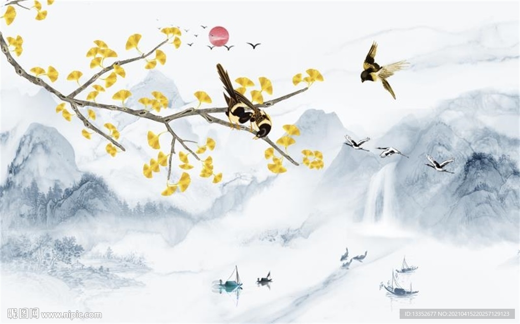 金色银杏叶花鸟蓝色山水聚宝盆