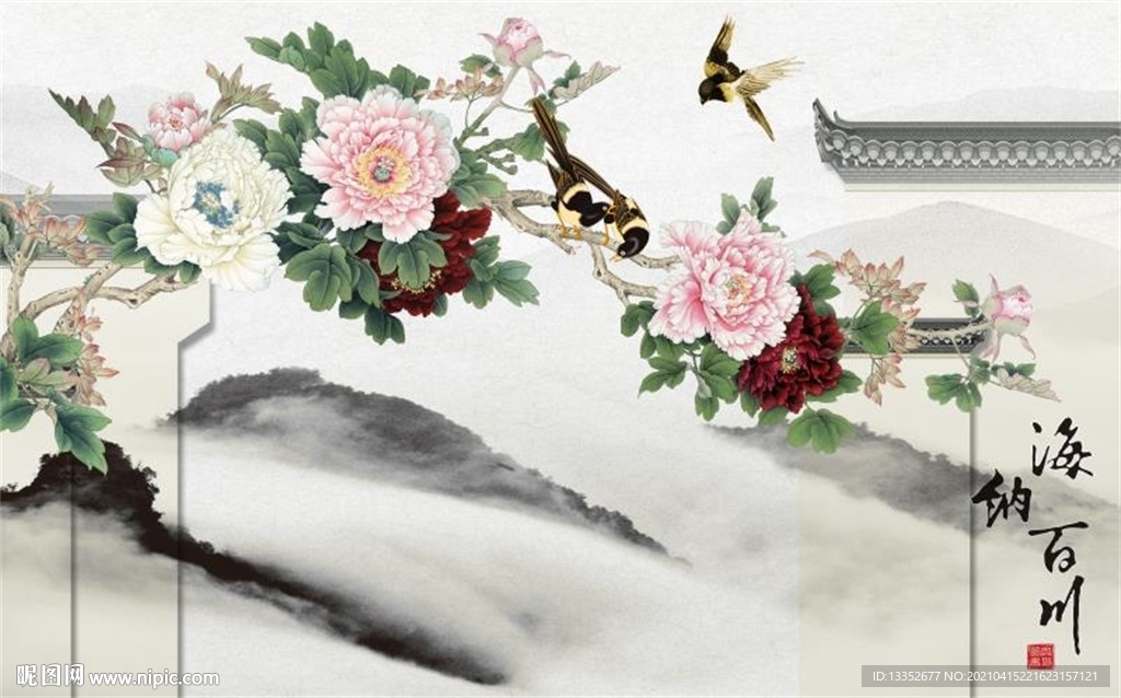 牡丹花鸟马头墙