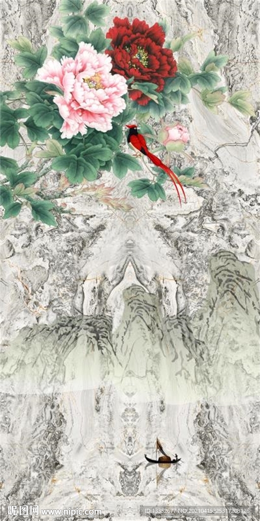 富贵牡丹花鸟石纹