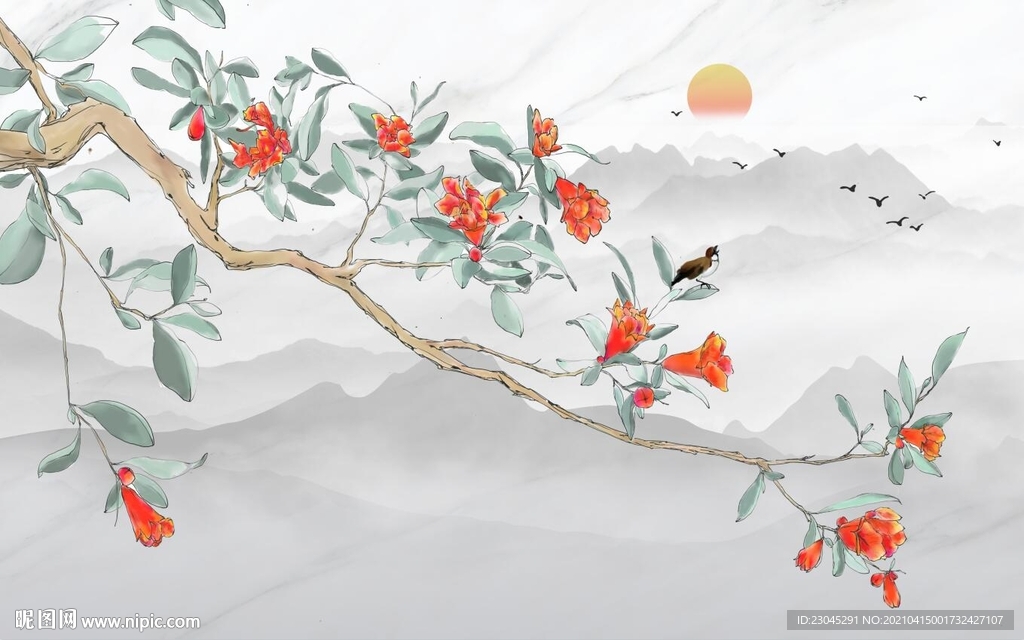 鸟语花香新中式爵士白山水背景墙