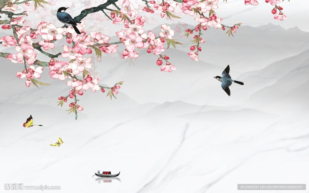 桃花梅花新中式背景墙