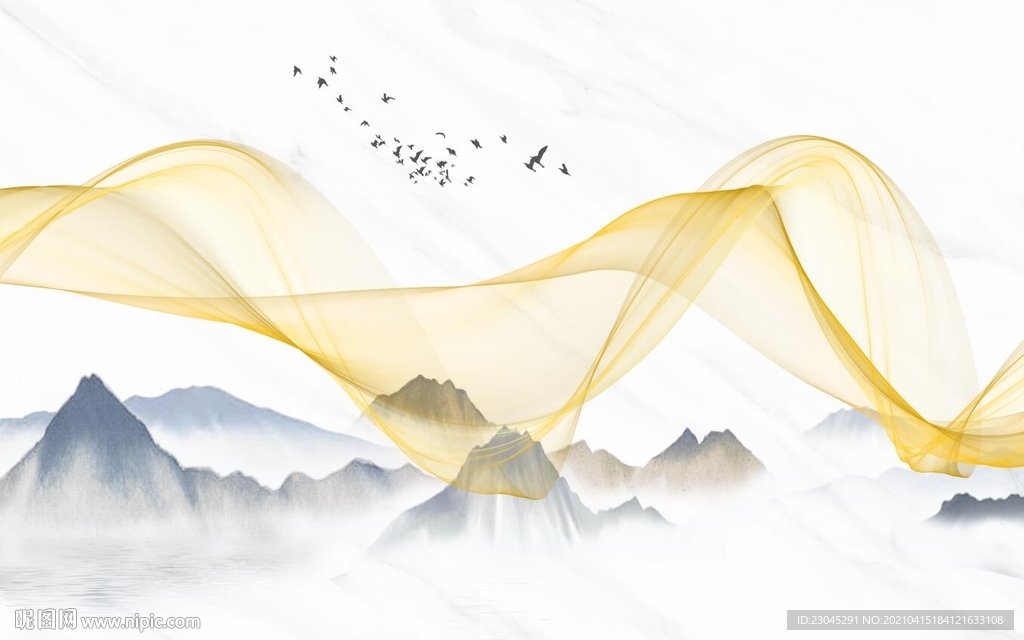 爵士白金色线条山水背景墙