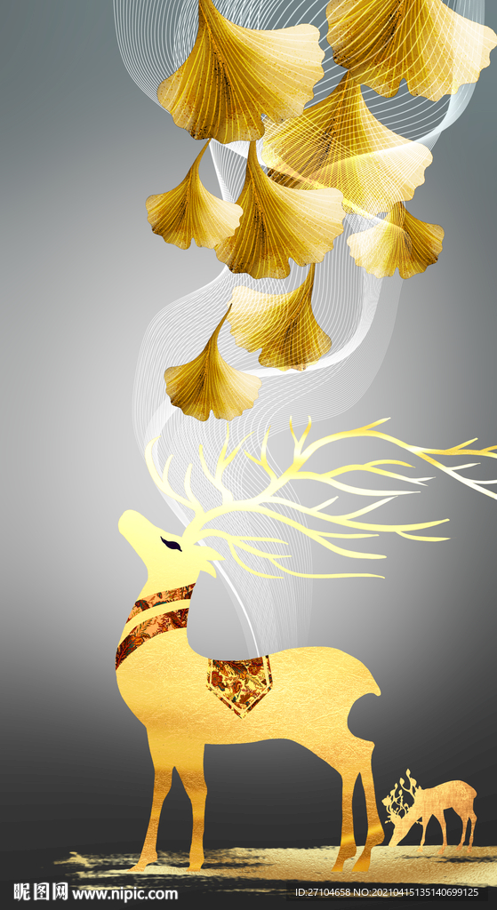 金色麋鹿银杏叶玄关装饰画