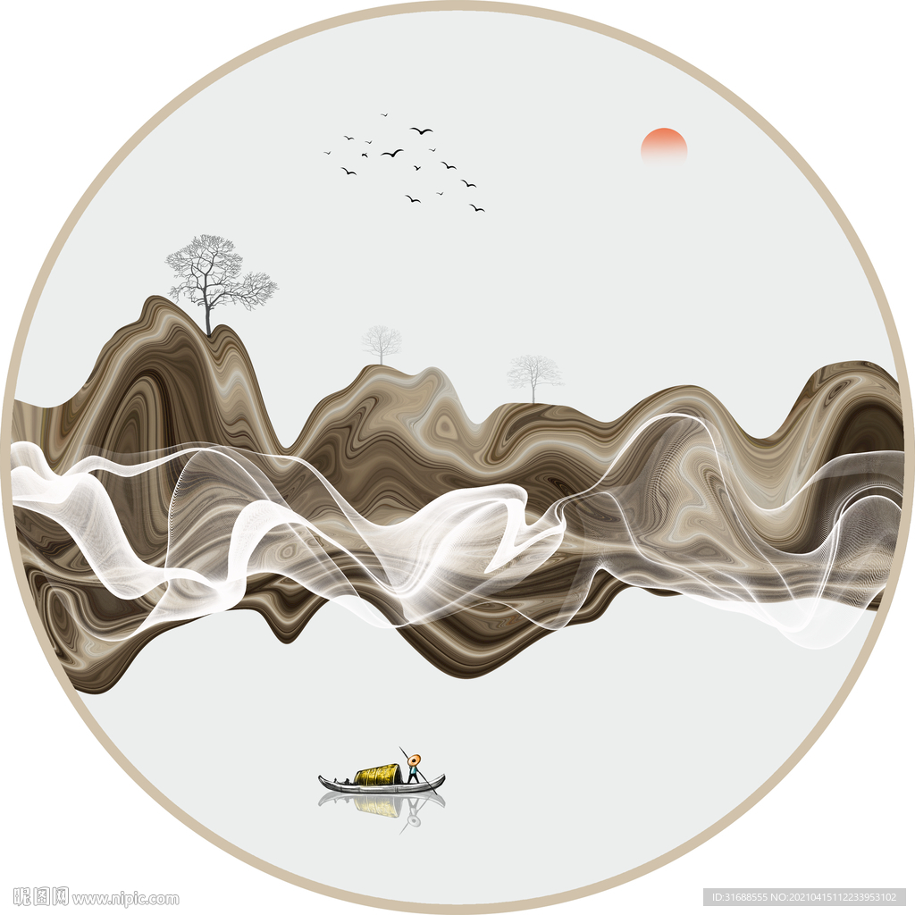 新中式圆形抽象山水画