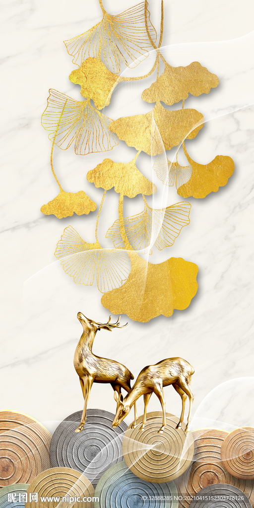 银杏叶麋鹿装饰画