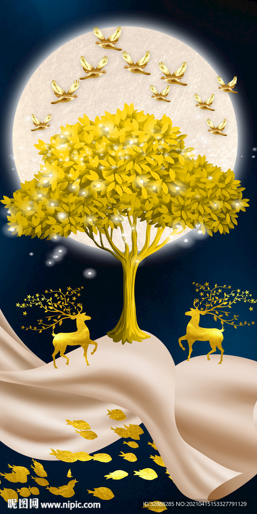 发财树麋鹿晶瓷画玄关