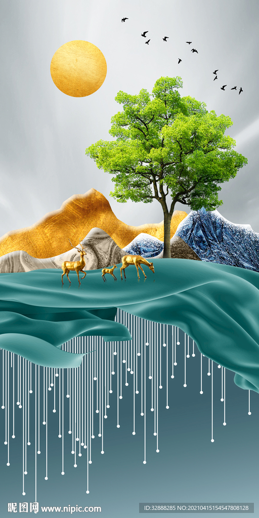 麋鹿发财树山水装饰画玄关