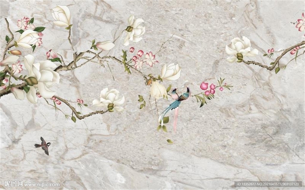 玉兰花鸟石纹