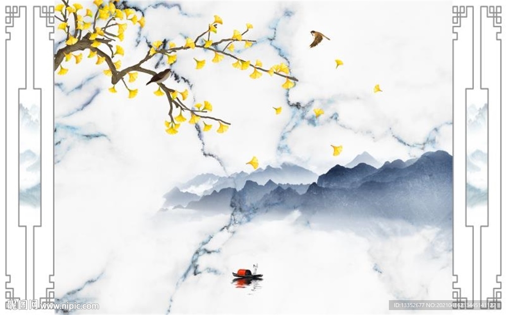 银杏花鸟山水护墙板