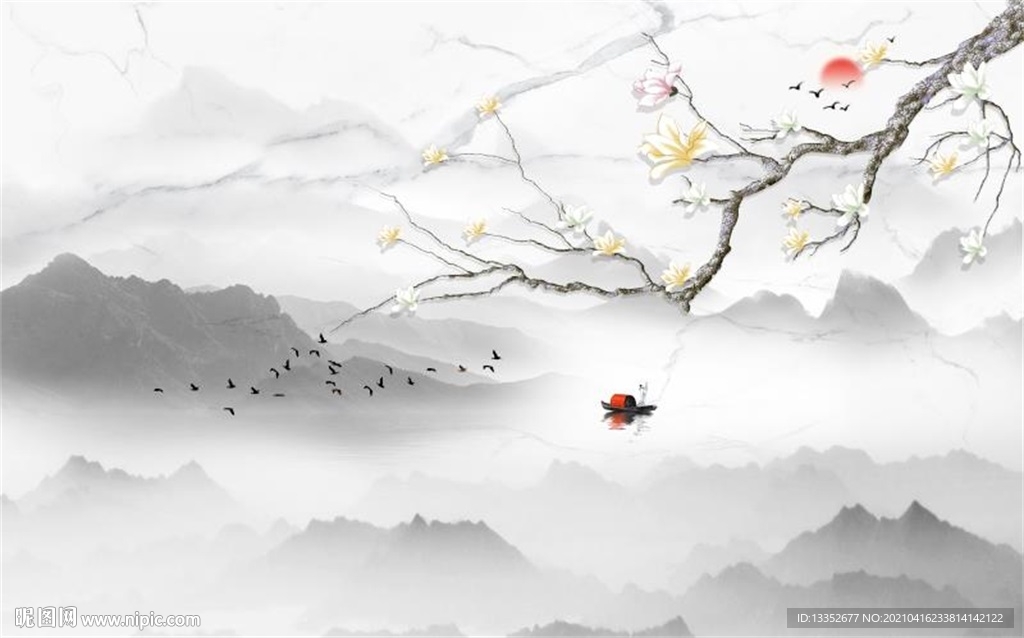 玉兰花鸟山水