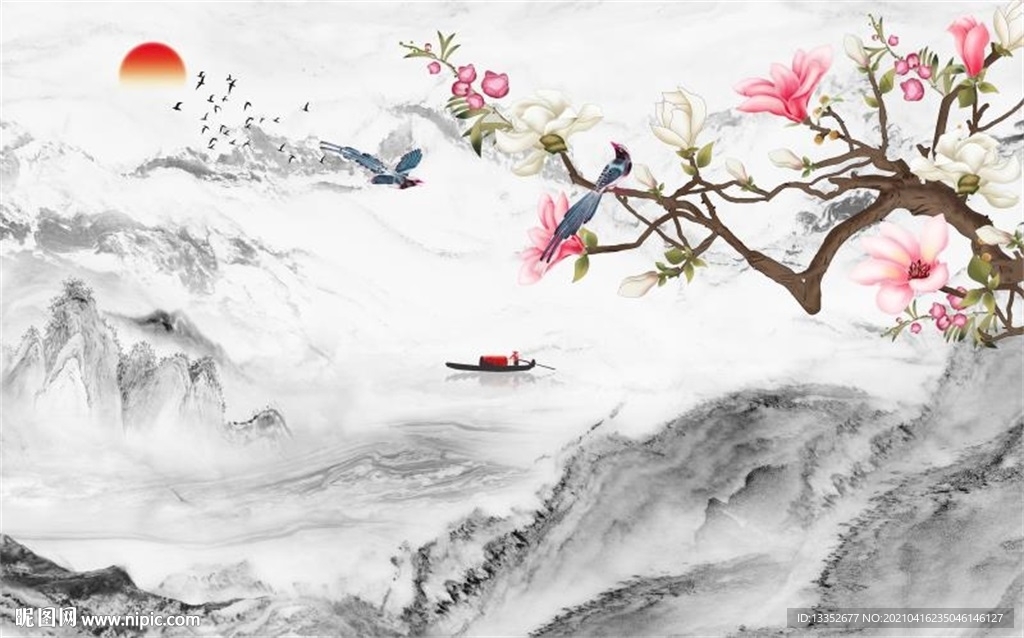 玉兰花鸟山水石纹