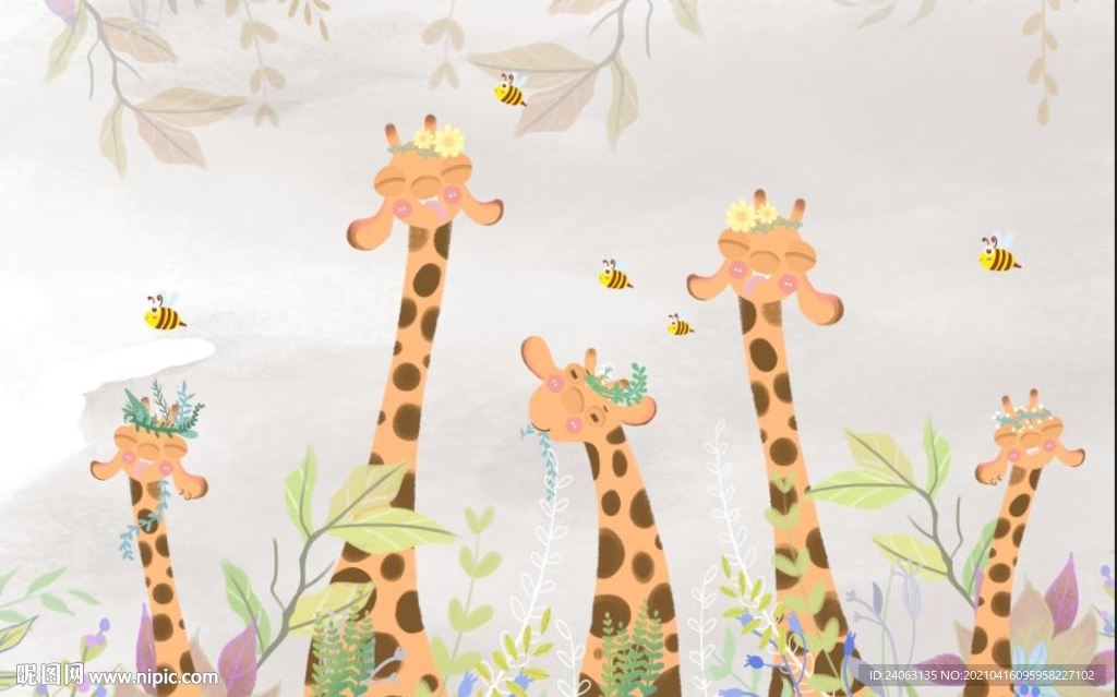 现代简约田园风手绘长颈鹿背景墙