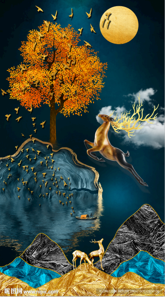 新中式抽象山水麋鹿玄关画